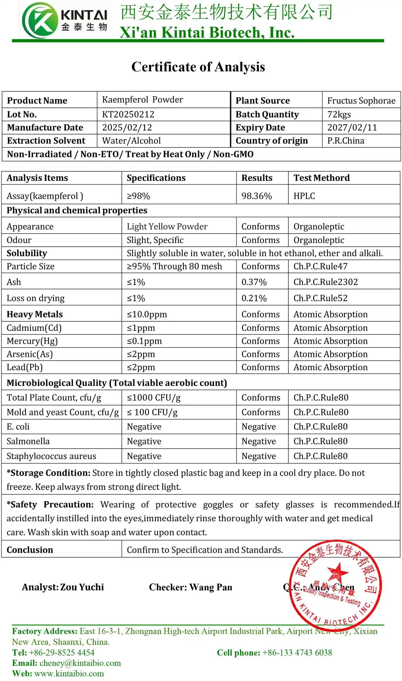 KINTAI Kaempferol Powder COA