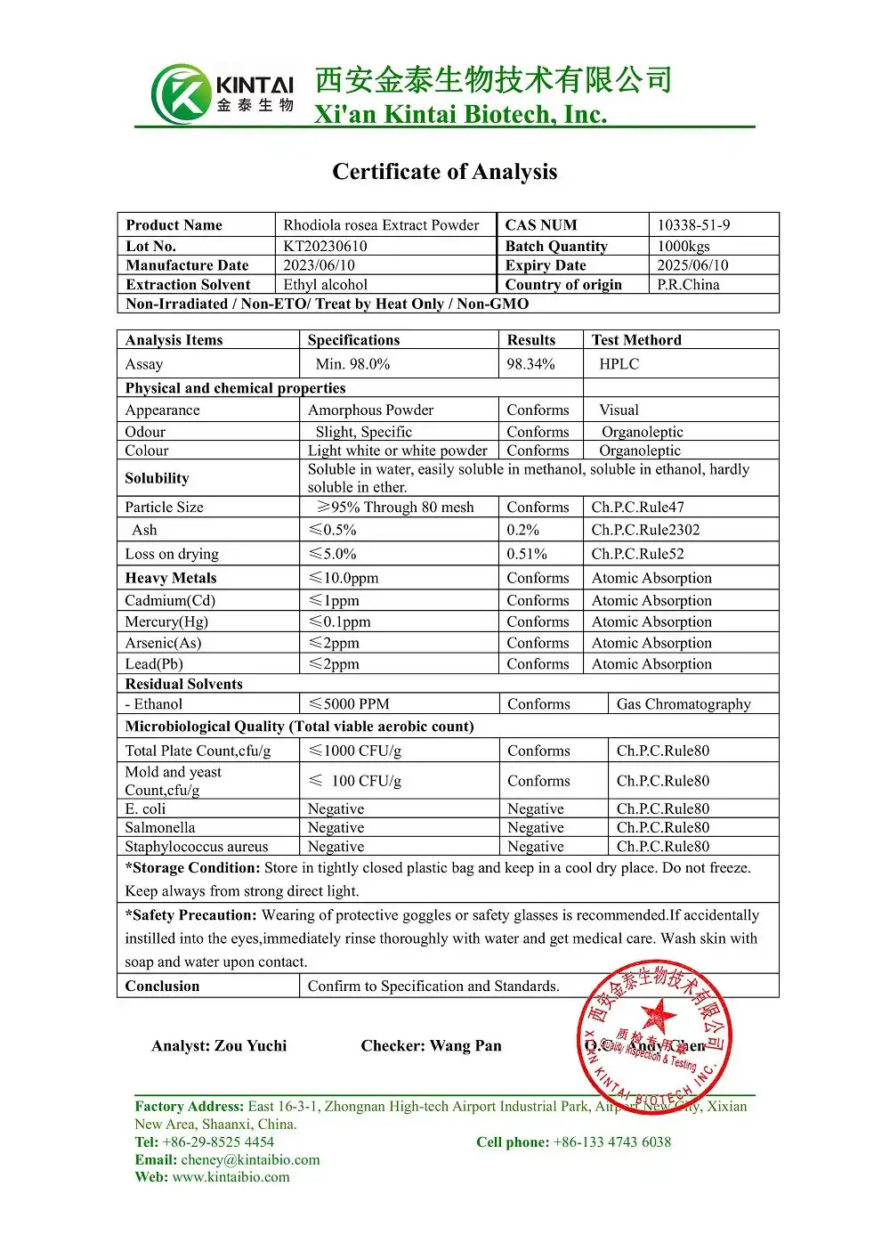COA of Rhodiola Rosea Extract Powder