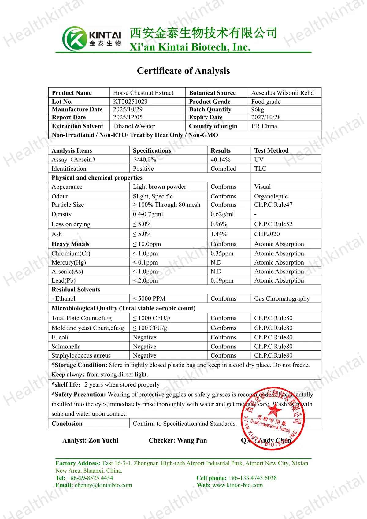 The COA of Horse Chestnut Extract Aescin(Escin) Powder