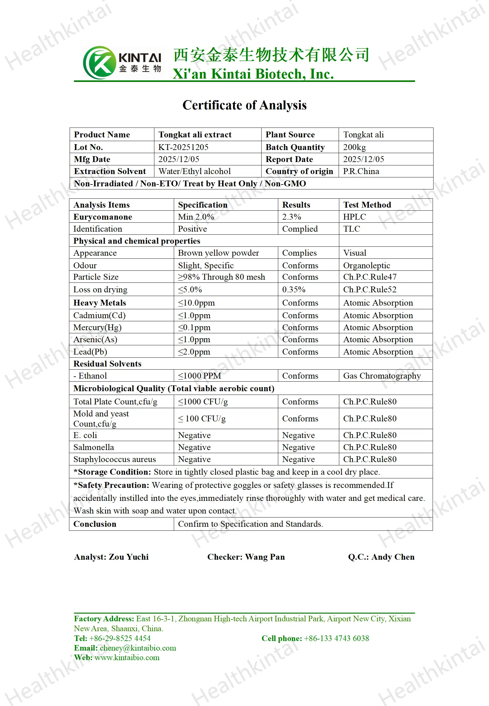 The COA of Tongkat Ali Extract Powder