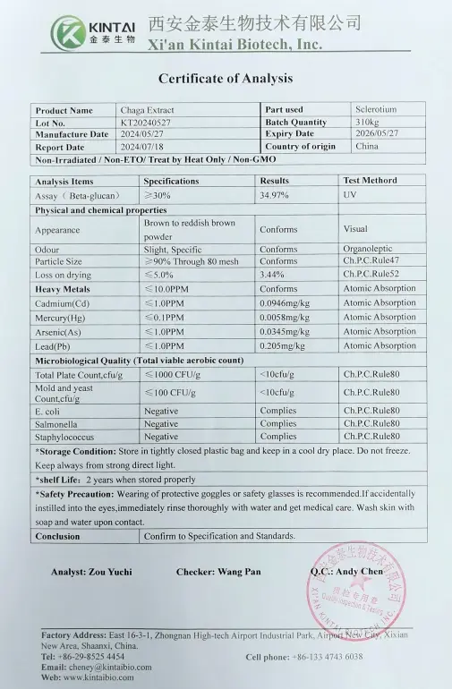 COA of Chaga Mushroom Extract Powder COA of Chaga Mushroom Extract Powder