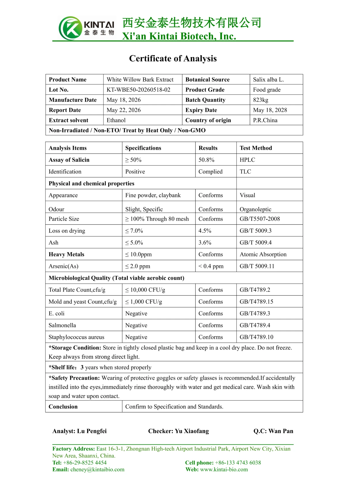 KINTAI COA of White Willow Bark Extract 50 KINTAI COA of White Willow Bark Extract 50