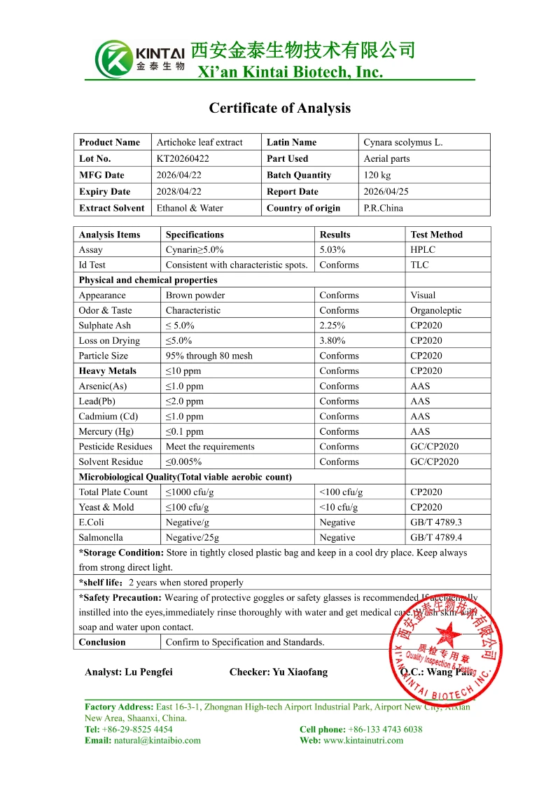 COA of 5% cynarin powder(HPLC) COA of 5% cynarin powder(HPLC)